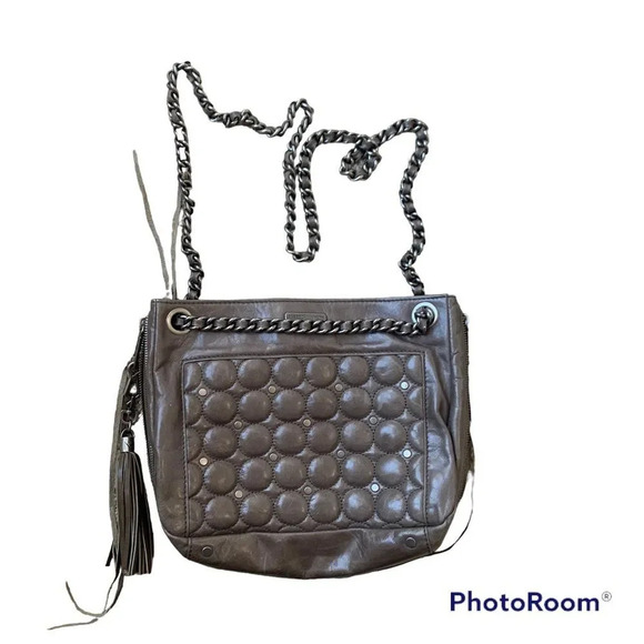 Rebecca Minkoff Grey/Taupe Leather Metal Chain Strap Tassel Detail Small Bag - Picture 1 of 11